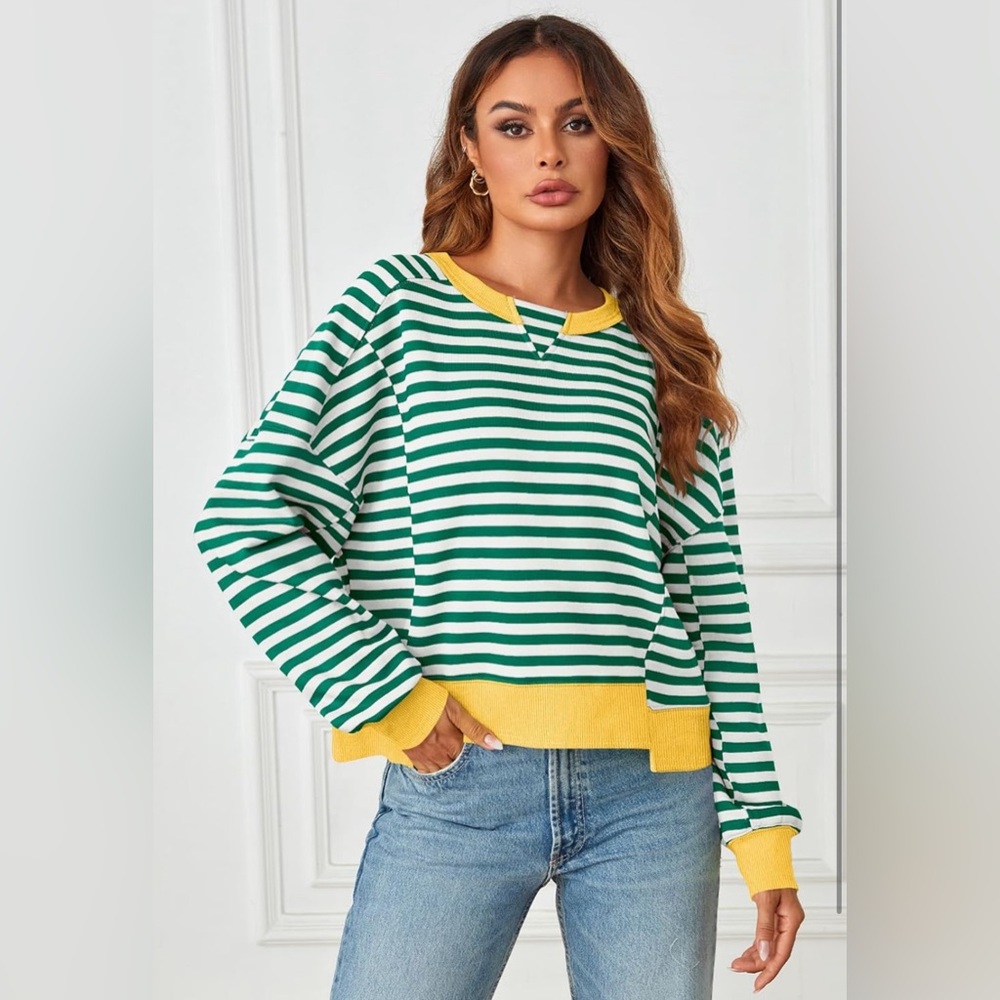 MEROKEETY Striped Color Block Cropped Oversized Crewneck Long Sleeve Sweater